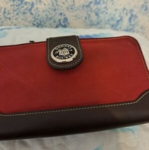Dooney & Bourke Red and Black Leather Wallet with Logo Emblem
